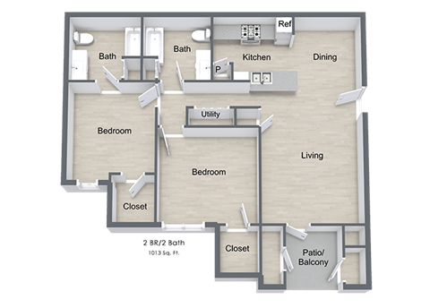 Floor plan for 2 beds, 2 baths, 1053 sqft